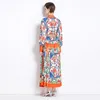 Baroque Print Long Shirt Dress Designer Women Elegant Button Long Sleeve Maxi Party Dresses Stand Collar Sashes Bow A-Line Casual Office Cocktail Clothing For Ladies