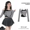 Y2K Grey Two Piece Set Spicy Girl Top Slim Sexy Sexy Sweet Femmes Short Shirt Off épaule T-shirt à manches longues Hanging Col Bow 240416