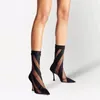 Boots Pointy Hollowed-Out Mesh Cool Sexy Stripes Transparent Color Contrast High Heel Elastic Socks Women