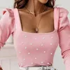 Women's Blouses Women Top Low-cut Square Neck Slim Elastic Thread Beaded Long Sleeve Bubble Commute Blouse Summer Tee Shirt 2024