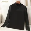 Women's Dress Spring New Sexy Mesh Splicing Half High Collar Bottom Shirt Perspective Fashion