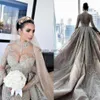 2020 Luxury Crystal Pärled sjöjungfru bröllopsklänningar med avtagbart tåg Sexig höghals Långa ärmar Arabiska Mulslim Bridal Gown2687