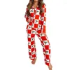 Dames slaapkleding xingqing dames kerstpyjama tweedelige loungewear checkerboard candy cane print shirts met lange mouwen en broek