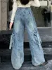 Женские джинсы 2023 Spodnie Y2K Fashion Wash Blue Drstring Luggage Женские джинсы прямо широкие ноги. Женские брюки YQ240423