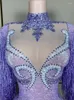 Stage Wear Style Purple Sparkly Rhinestone Women Jumpsuit Sexy Transparant Mesh Tassel Suit Performance Nightclub Show Outfit