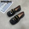 Casual Shoes Sheepskin Brown Women Slip On Loafers Low Heel Slippers Square Toe Block äkta läderbilder Halva metallmulor Patent