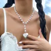 Halsketten Purui Y2K Weiß/rosa Imitation Perlenkette Großes Liebes Herz mit Blumenmuster Anhänger Choker Frauen Halskette Schmuck Mädchen Mädchen