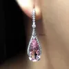 Bengelen kroonluchter luxe zilveren kleur metaal ingelegde roze zirkoon oorbellen voor vrouwen prachtige mode verloving bruiloft sieraden H240423