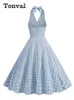 Casual Dresses Tonval Blue And White Plaid Vintage Holiday Women Summer Sexy Halter High Waist Fit Flare Rockabilly Dress