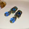 Örhängen LifeFontier Luxury Palace Blue Rhinestone Big Clip on Earrings for Women Vintage Geometric Crystal Non Piered Earring smycken