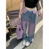 Jeans pour femmes y2k jeans bleu pour femmes d'été hautes graffiti violets coréens de style coréen pantalon denim droit de jean décontracté y240422