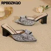Slippers Women Rhinestone Sequin Slides Sandals Closed Toe Sparkly High Heels Shoes Block Bowknot Half Pearl Glitter Mules Pumps