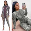 Kvinnors jumpsuits Snake Print Stand Collar Tight Pants Jumpsuit