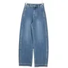 denim blue cotton four sided elastic high waisted loose wide leg jeans