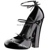 Zapatos de vestir linamong elegante negro patente de patente de cuero bowtie grueso con tacones de tobillo