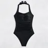 Kvinnors badkläder 2024 Halter Swimsuit Kvinnor En bit solid sexiga svarta kvinnliga badare badar badaddräkt strandkläder
