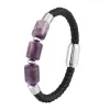 Strands 2021 New Cylindrical Natural Amethyst Energy Bracelet 316 Stainless Steel Single Lady Layer Leather Cord Bracelet Jewely