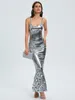 Casual Dresses Sexig Spaghetti Strap Skinny Sequin Mermaid Long Dress Women Sleeveless Sliver Patchwork Sequins BodyCon Maxi Club Party