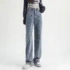 Frauen Jeans Mode Frauen Straight Blue High Taille Taschen Wide Lge Denim Hosen koreanische Stil Lady Girl weibliche Allzuehsthose