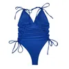 Swimwear Women 2024 One Piece Femmes Blue DrawString plikini Bikini sexy en V Solte à lacets à lacets monokini monokini