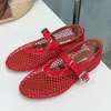 Frauen heißer Verkauf atmungsaktivem Mesh Ballet Flats Runway Modemarke Designer Flach mit One Gürtelschnalle Gurt draußen weiche bequeme Flachschuhe