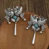 Dangle Chandelier Vintage Bird Flower Design Inlaid Green Stone Earrings for Women Retro Bohemian Silver Color Jewelry Tourism Souvenir H240423