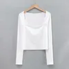 Women's T Shirts Classic Multi-Color Basic Super Model Temperament Square Collar Bekvämt sträcka långärmad topp Square Cut Shoulder