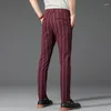 Men's Pants Striped Casual Spring Comfortable Elastic Business Slim Straight British Fashion Trousers Black Khaki Wine Red