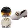 Casual Shoes Metal Chains Mink Hair Cotton Flats Round Toe Slip On Thick Heels Woman Solid Comfy Winter Loafers Female Moccasins