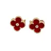 Toppkvalitet Classic Style Fanjia Fyra bladgräs med Diamond Ear Clam V Family 925 Sterling Silver Plated 18K Gold Earrings Red Jade Chalcedon Agate Studs Buckle