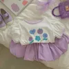 Kläder set Girls Summer Set 2024 New Baby Girl Purple Shorts +Top T-shirt Tvådelad kostym H240423