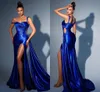 Royal Blue Split Evening Jurken 2024 Sexy Mermaid Spaghetti Backs Backless Long Party gelegenheid jurken Arabische gewaden BC18675