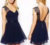 Vestido de cocktail curto azul marinho escuro A Line V Neck Lace Chiffon Backless Women Women Wear Ocidental Especial Vestido Evening Party Go4245643