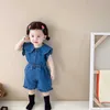 Ensembles de vêtements 2023 NOUVELLES GRILLES COMBAGES sans manches Ensemble bébé Peter Pan Collar Denim Tops + Shorts 2pcs Suit Toddler Girl Turnits H240423