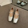 Casual Shoes Est Flashion Women's Flats Square Toe Mary Janes Sliver Gold Leather för kvinnlig spännband Damer grunt sko