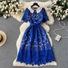 Party Dresses Luxury Water-Soluble Lace Blue Summer Dress Runway High Quality Women Floral Hollow Out Embroidery Golden Button Midi Vestidos