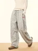 Pantaloni da tubi larghi con stampa floreale Qweek Women Grey High Drivery Streetwear vintage coreano Y2K Pantaloni a gamba larga sciolta 240412 240412