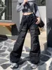 Damskie dżinsy z 2000 roku odzież Y2K Street Clothing Zmyty czarny bagaż damski dżinsy szerokie nogi wiele kieszeni proste luźne spodnie damskie YQ240423