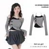 Y2K Grey Two Piece Set Spicy Girl Top Slim Sexy Sexy Sweet Femmes Short Shirt Off épaule T-shirt à manches longues Hanging Col Bow 240416