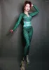 Stage Wear Women Green Rhinestone Girdle Elastic Tights Nightclub Jumpsuits Crystals Bodycon Performance Costumes Dance Clothes