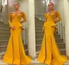 2018 Erstaunliche Rüschen Detail Langarm Abendkleider gelber Schatz in voller Länge sexy Meerjungfrau Dubai Arabisch Prom Kleid Party G6007824