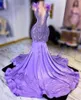 紫色の黒人の女の子のための首のイブニングドレスバースデーパーティーガウンマーメイドビーズクリスタルロングウエディングドレス