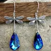 Dangle Chandelier Blue Shiny Synthetic Gems Pendant Dragonfly Design Earrings for Women Elegant Style Silver Color Jewelry Trendy H240423