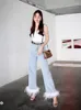 Damesjeans Hoogwaardige vrouwen Witte Tassel Ostrich Feather High Taille Blue Streetwear Straight Breide Leg denim jean broek voor