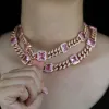 Colliers Hiphop Iced Out Pink Bling Cz 12 mm Miami Cuban Link Chain coloré Big Fashion 5A Cubic Zirconia Chunky Choker Women Collier