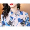 Kvinnors blusar Spring Vintage Turn-down Collar Long Sleeve Printed Blue Women Clothing All-Match Button Loose Shirts Ladies Chic