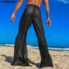 Men's Pants Men Party Clubwear Trousers INCERUN 2024 American Style Fashionable Sexy Glittering Fabric See-through Thin Long S-5XL