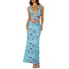 Robes décontractées Femmes Summer 2 pièces Long Jupe Ensemble Floral Imprimé en V Col Crop Crop Top Top High Ensembles de plage Outfits Clubwear