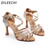 Sapatos de dança dileechi latim grande pequeno strass shining bronze pele preta cetim feminino salsa baile salão cuba 9cm salto