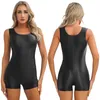 Women's Swimwear Womens Glossy Sleeveless Bodysuit Rash Guard Solid Stretchy Jumpsuit Yoga Bodybuilding Sportswear Swimsuit Beachwear